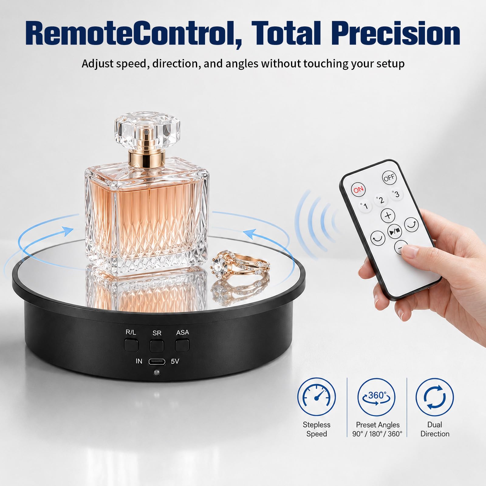 Plato giratorio eléctrico de 25 cm, con 6 fondos, 3 velocidades, rotación de 90°, 180°/360°, capacidad de carga de 8 kg, plato giratorio motorizado con mando a distancia para fotografía de productos y