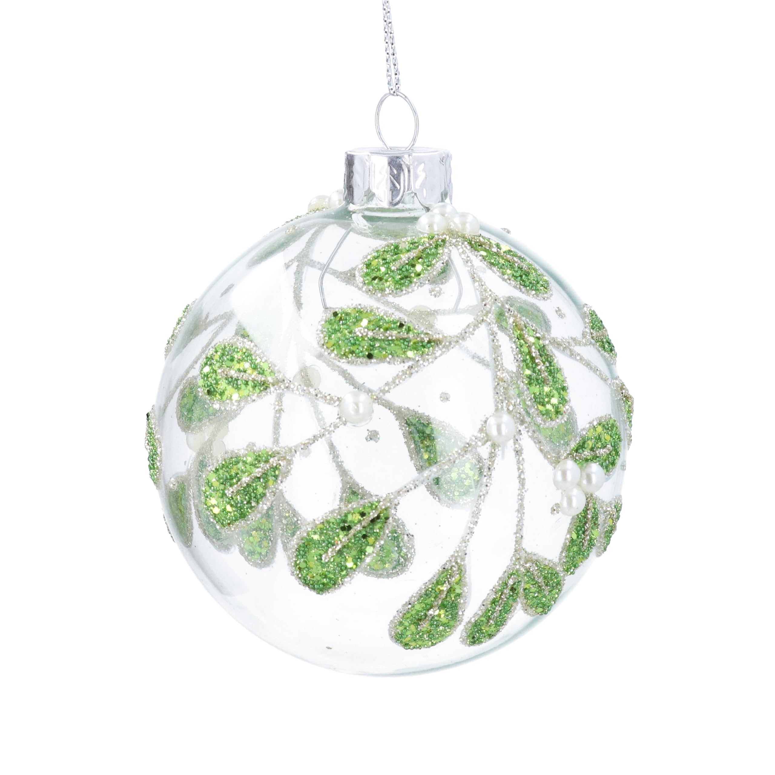 Gisela Graham Glass Christmas Bauble, Glitter Mistletoe, Clear, Round, 8cm