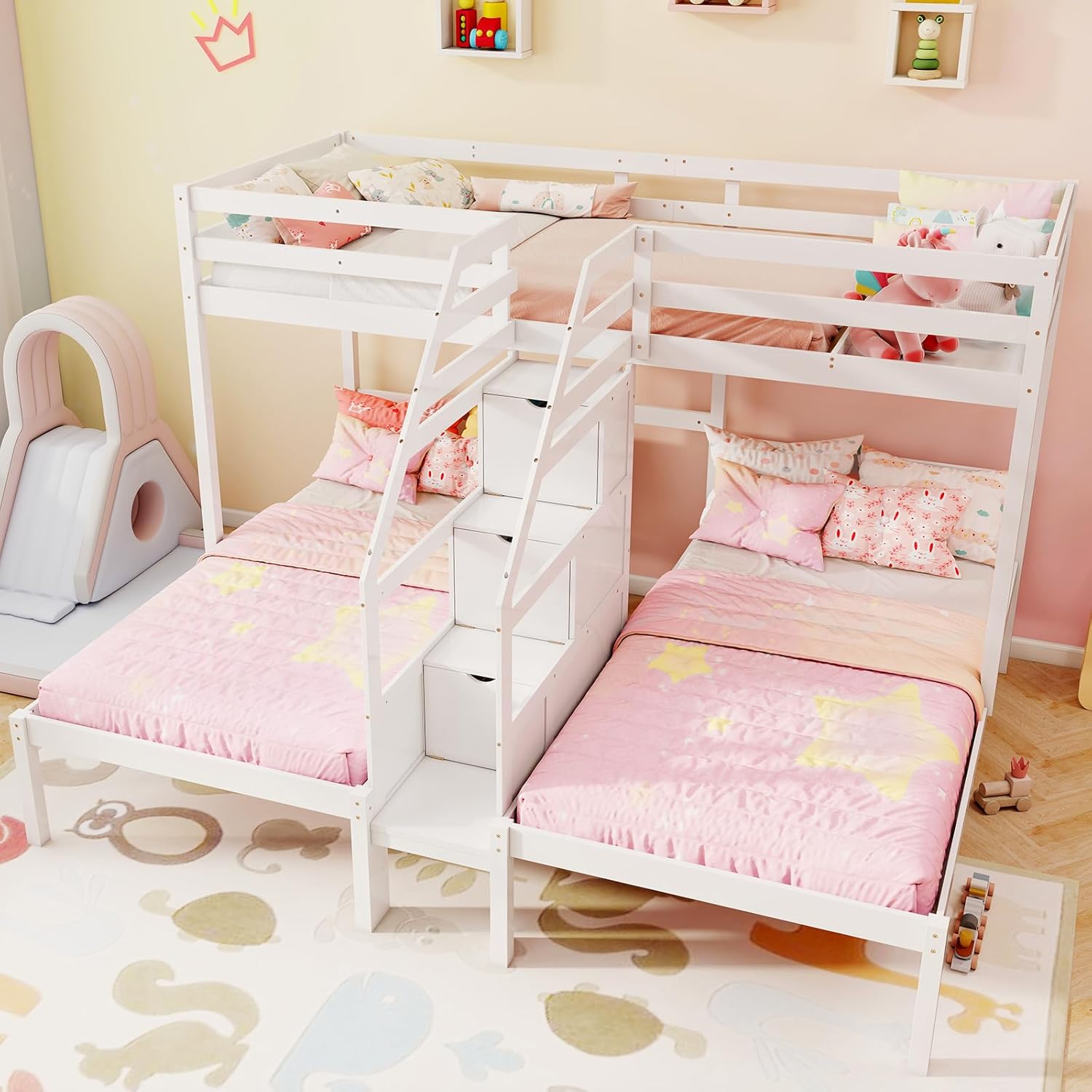 KOTEK Triple Bunk Bed with Stairs, Twin Over Twin & Twin Bunk Bed Frame with Guardrail & Storage, Wooden Bunkbeds for 3 Kids Teens, No Box Spring Needed (White)