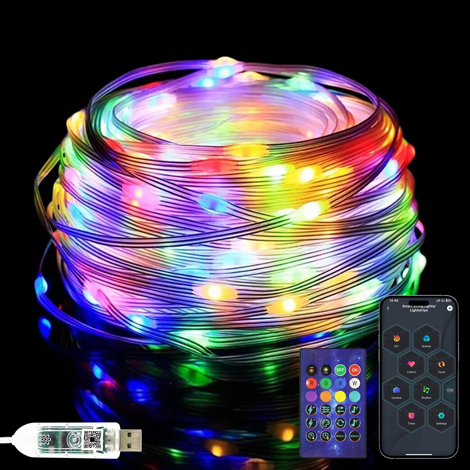 Artrastar 20M RGB Guirnalda USB 200LED Para Interiores Exteriores Tubo De Luces Con Control Remoto Y Aplicación Sincronización Musical Temporizador IP65 Para Navidad Fiestas Bodas Decoración