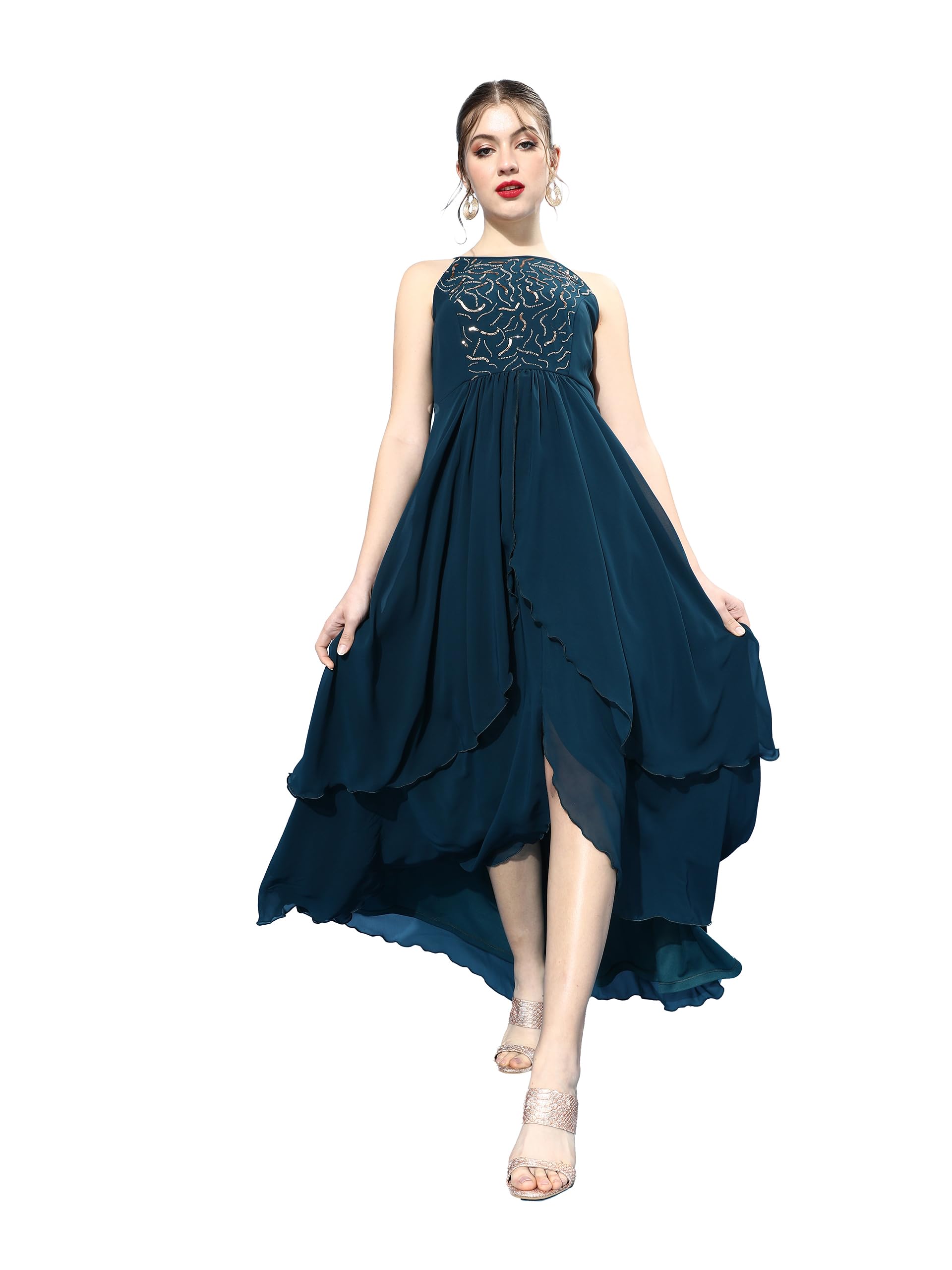 Miss Chase Women's Teal Round Neck Sleeveless Solid Embellished Maxi Dress (X-Small)