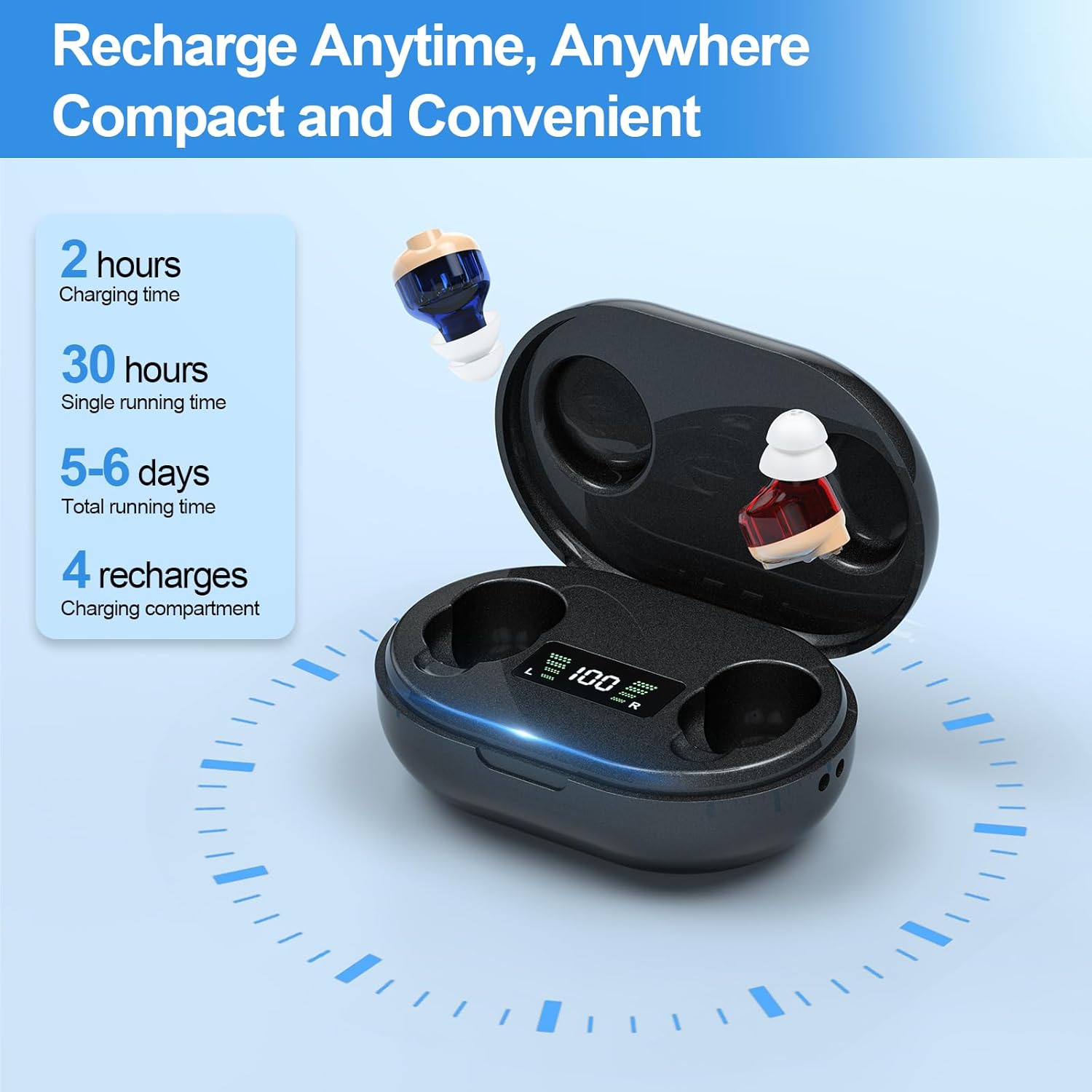 Mivo hearing aids in charging case with digital display showing battery levels