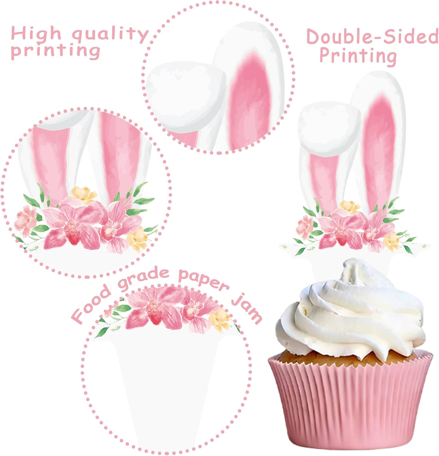 Easter Bunny Ear Cupcake Toppers Easter Party Decorations 48PCS Bunny Ear Cupcake Picks with Floral Rabbit Ears Cake Decorations for Spring Birthday Rabbit Lover Baby Shower Party Supplies