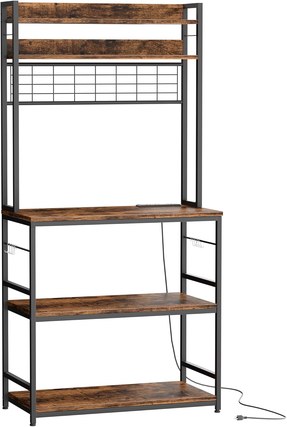JY QAQA Kitchen Bakers Rack, Coffee Bar Cabinet, Kitchen Racks with Power Outlet, 5-Tier Microwave Stand with Storage Cabinet, 10 Hooks and Metal Wire Panel, Brown