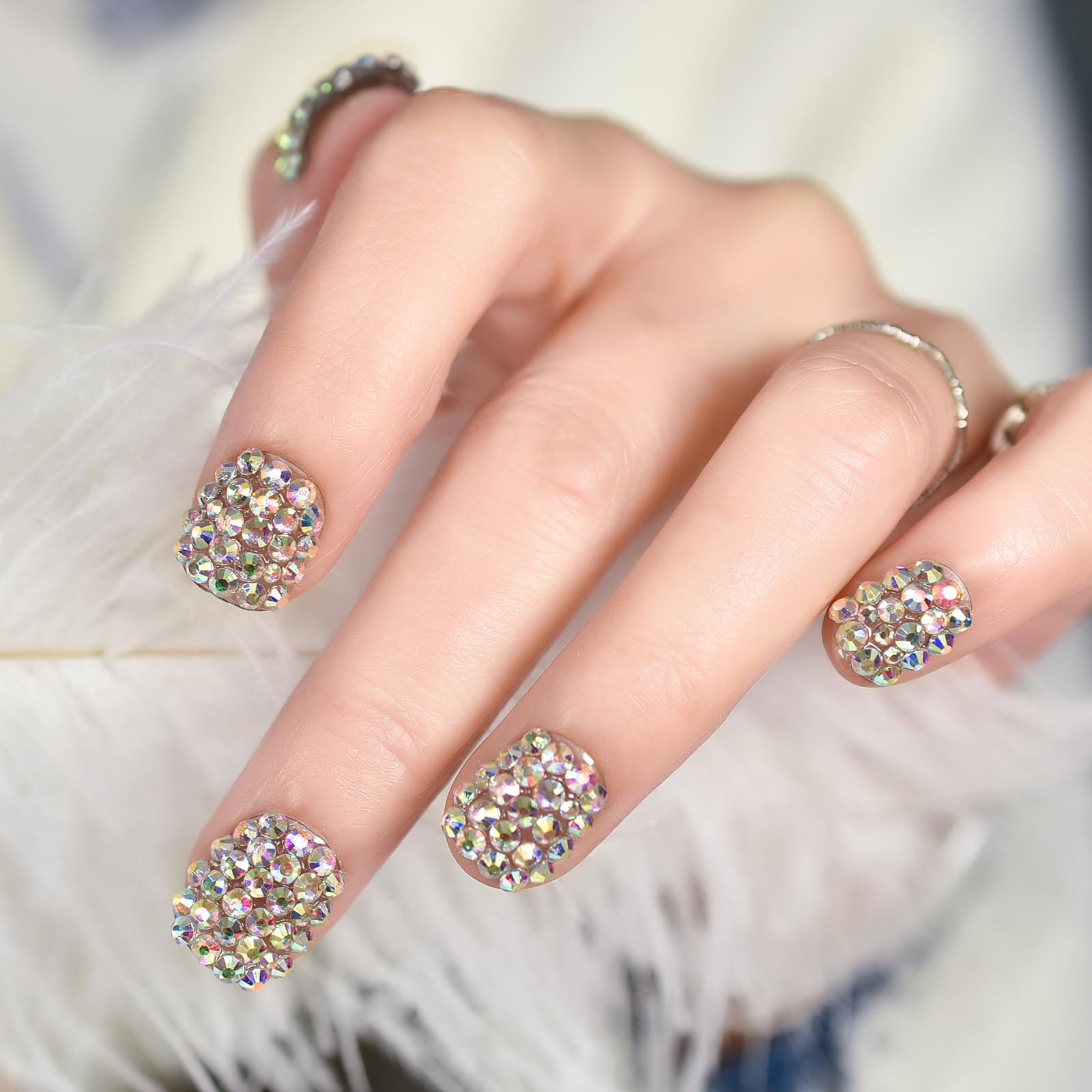 Elevenail 24pcs Handmade 3D Rhinestones Press On Nails Square Short Nails Women Girls Gifts Salon Manicure Shiny Crystal Nail Art Tips Fake Nails