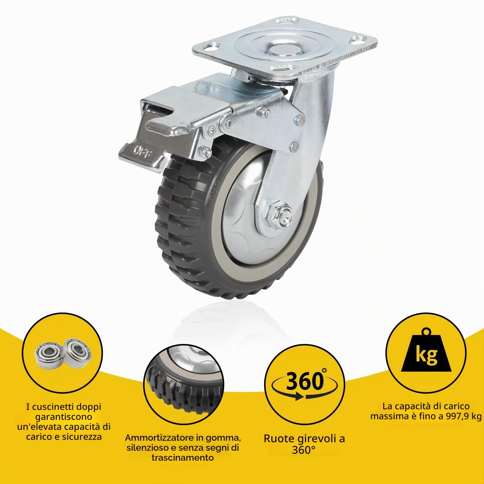 uyoyous - 4 ruote per piastre da 200 mm, con freno, girevoli a 360°, ruote per il trasporto, ruote in gomma piena, portata 900 kg (2 ruote fisse + 2 ruote freno)
