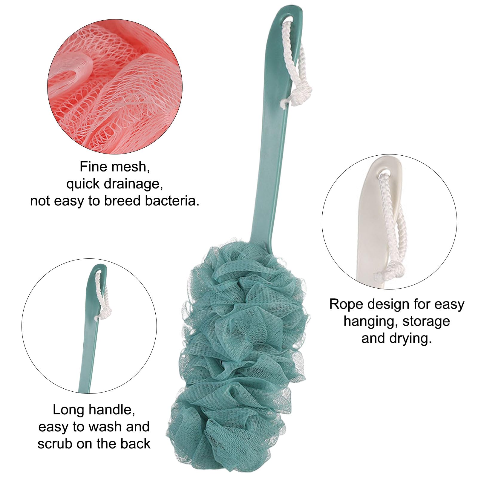 SSKHE 3PCCS Back Brush Scrubber Shower Loofah, Brosse de bain à poignée longue, Brosses de corps de douche, Sponge de douche à brosse arrière, Back Scrubber Long Handle Loofah pour exfolier et enlever