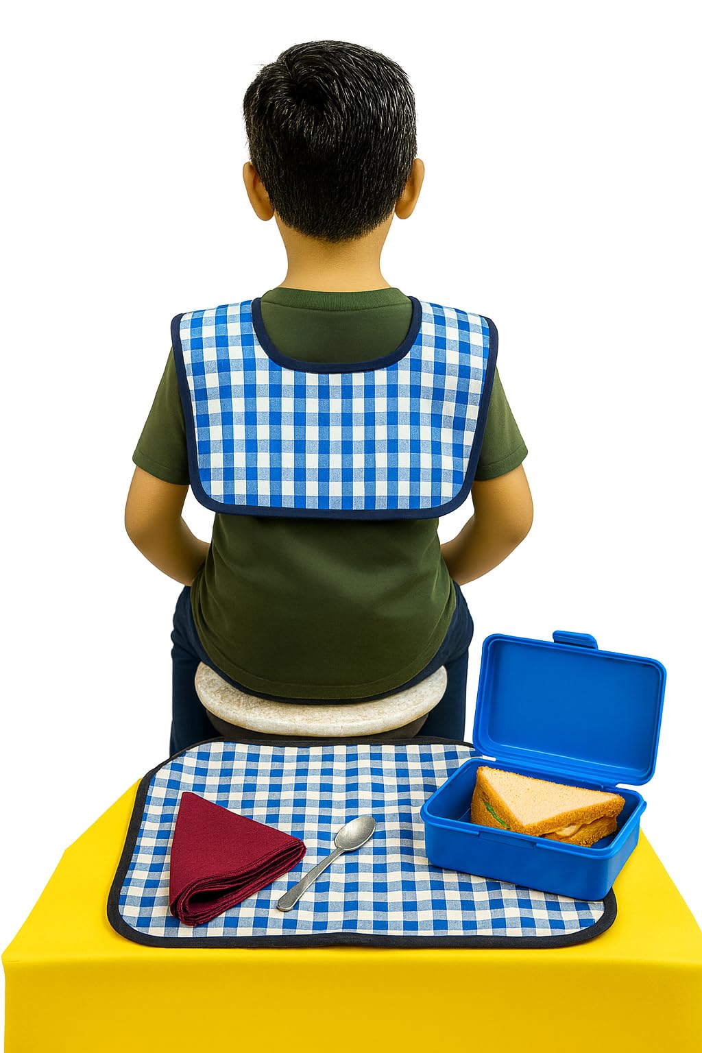 MAKSTILE Waterproof Kids Bib with Food Mat | Lightweight & Foldable | Multi-Purpose Clothing Protector for Boys & Girls (6-12 Years) | School Lunch, Eating, Painting, Craft & Travel(Blue Check) - Image 3 thumbnail