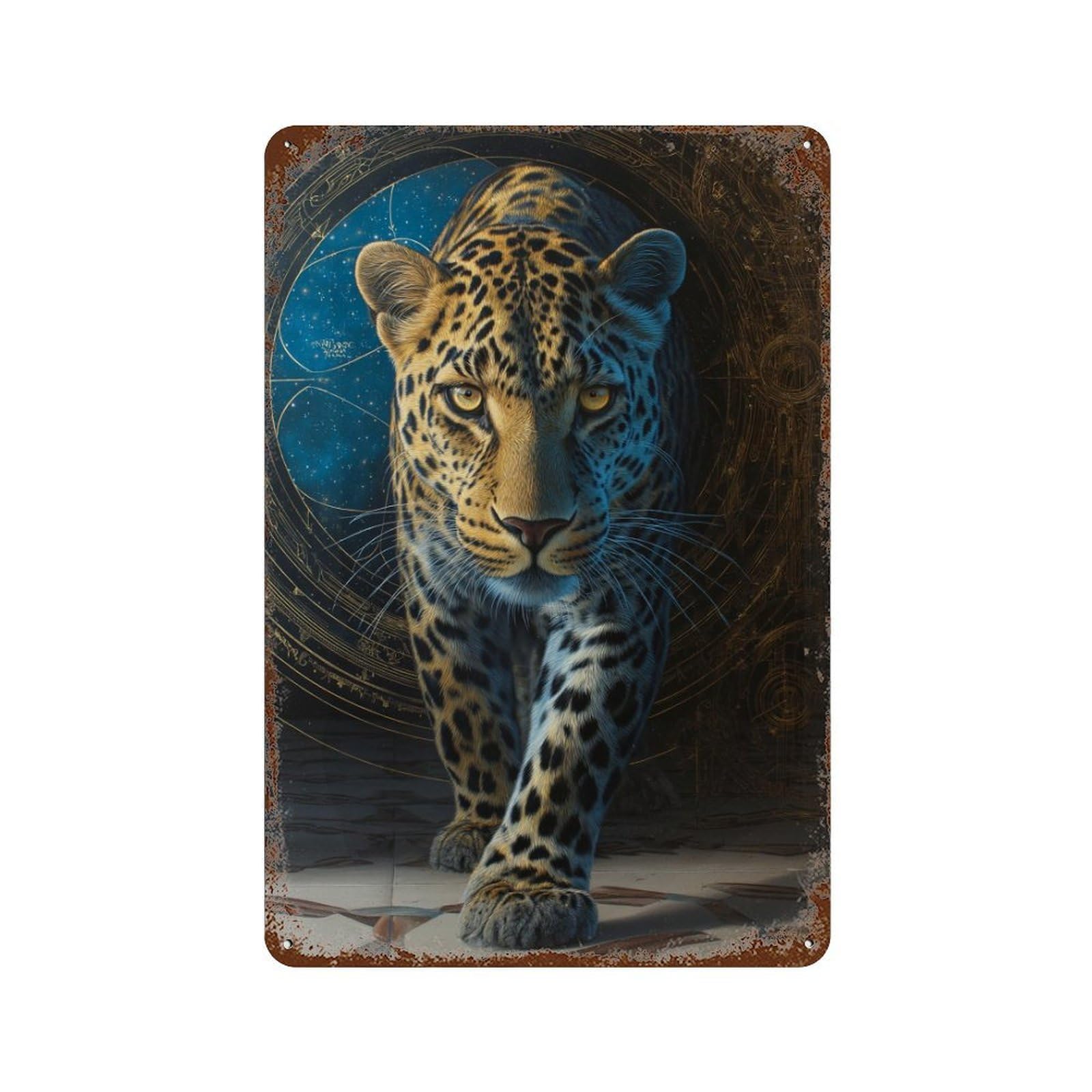 Garage Style Leopard in Starry Background Distressed Metal Wall Sign 11.8"x7.9", Classic Wall Plaque for Bar And Workshop