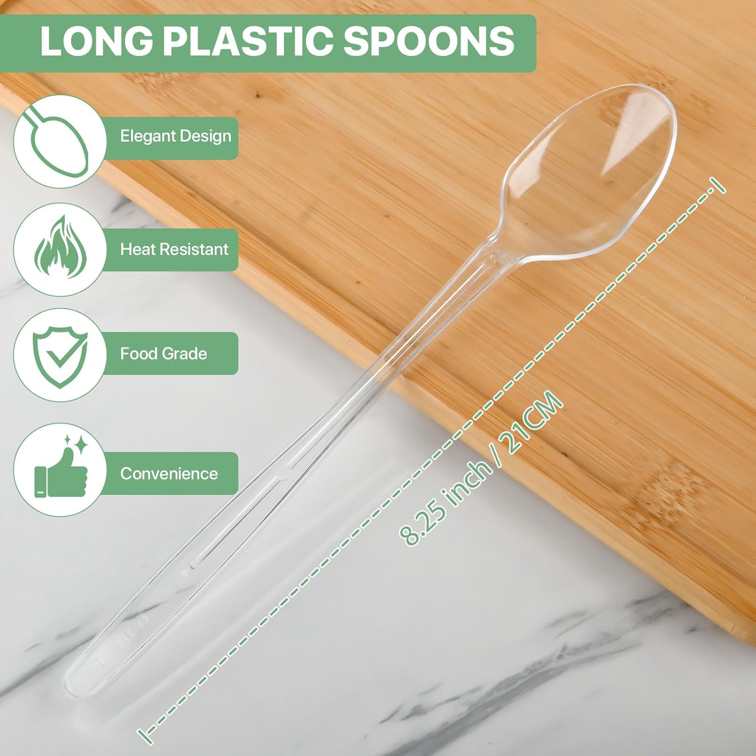 Clear Plastic Spoons, 8.25" Heavy Duty Disposable Spoons, 96 Pack Long Handle Spoon, Plastic Cutlery for Cocktail Stirring Dessert Milkshakes Ice Cream Tea and Floats
