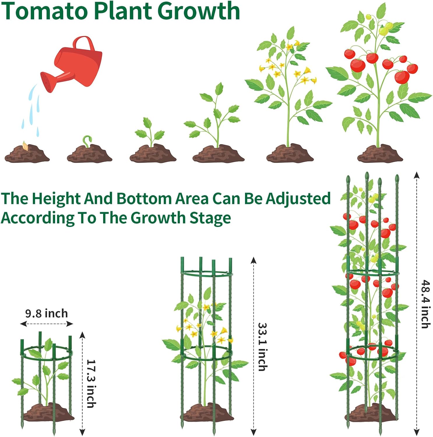 ROADPLUM 3 Pack 48" Round Tomato Cages for Garden, Plastic Coated Steel Pipe Heavy Duty Adjustable Tomato Stakes Trellis Plant Cages for Vegetable, Fruit, Flower, Rose Vine Climbing Plants (3Pack)