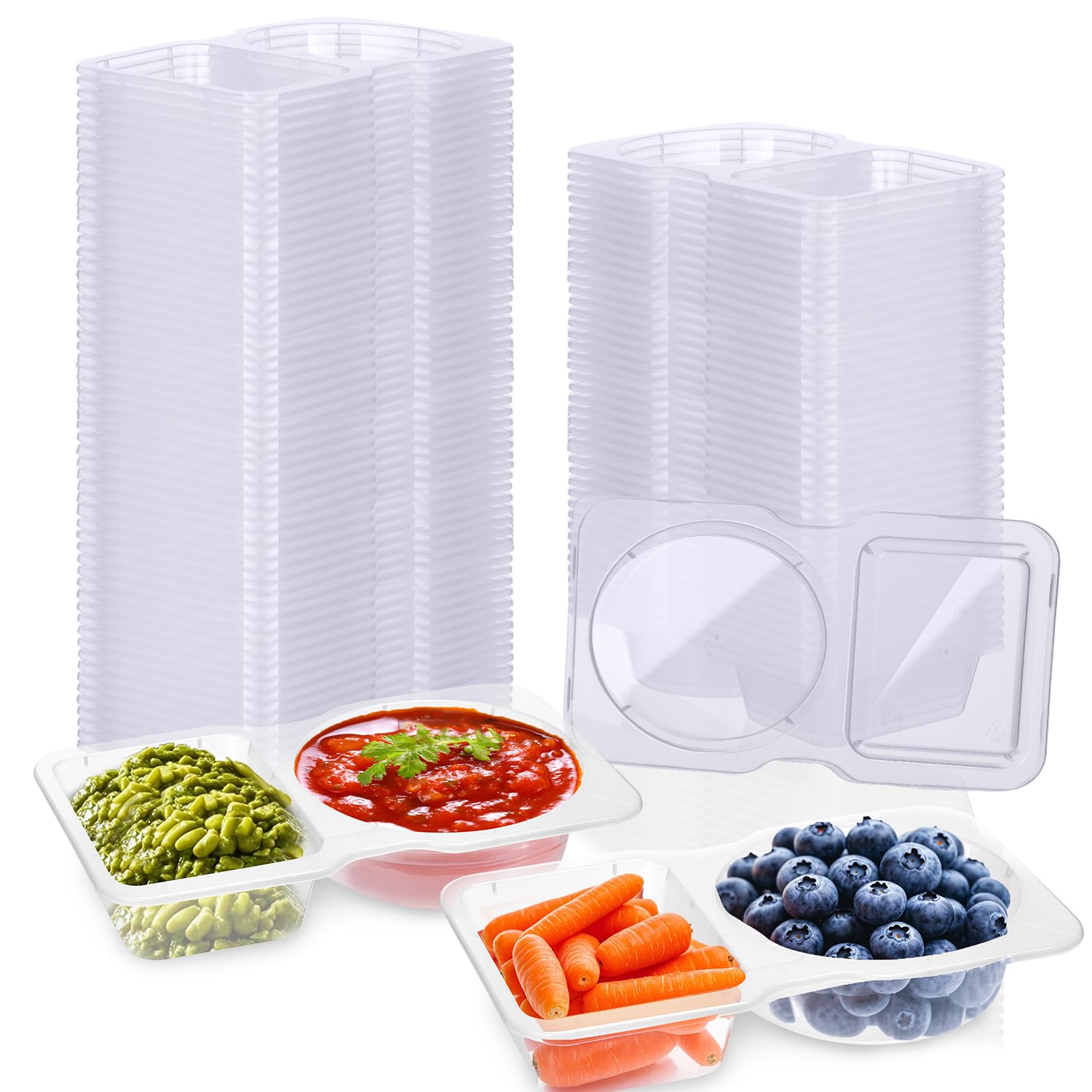 Lot de 50 récipients à condiments à double compartiment avec couvercles, jetables à 2 compartiments en plastique transparent pour les voyages