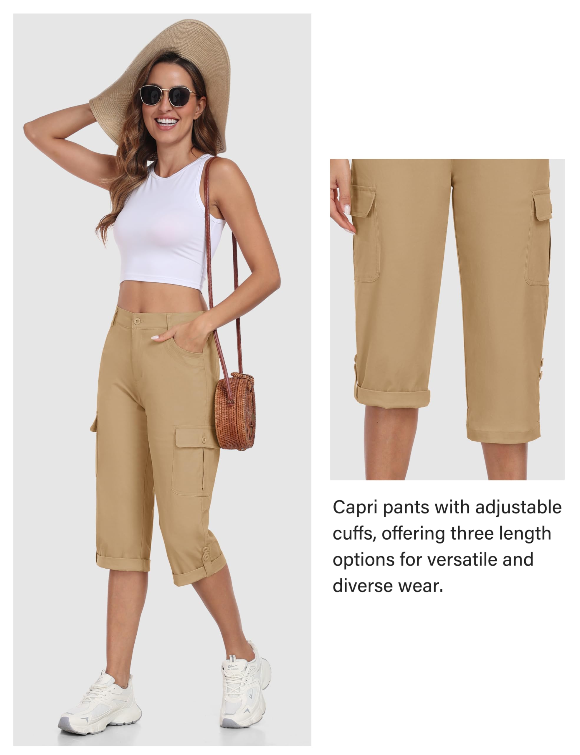 MoFiz Femme Cargo Pantalon Cotton Randonnée Capri Pants Taille Elastique Trekking Pantalon avec Poches