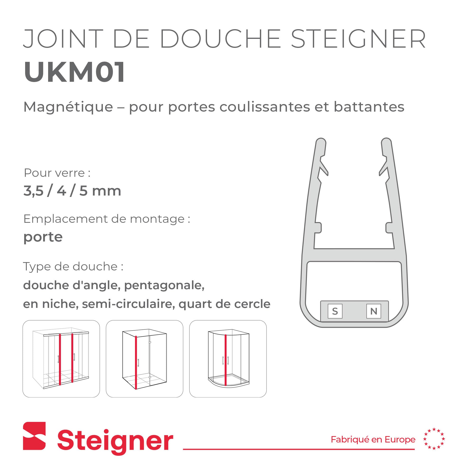 STEIGNER Joint magnetique douche UKM01 181 cm (1 pc.) - Joint porte de douche d’angle, pentagonale, arrondie, en niche ou quart de cercle avec porte 3,5-5 mm - Étanchéité, Protection contre les fuites