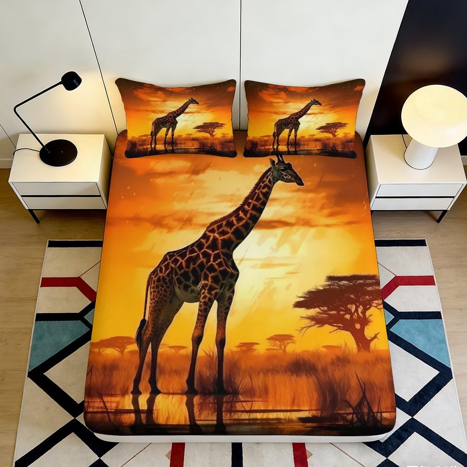 3D Printed Sunset Savannah Giraffe Fitted Sheet Microfiber Soft Mattress Cover for Bedroom Dorm Decor 90x200x25cm