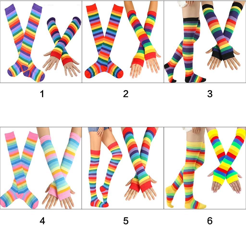 Sock,Womens Rainbow Stripes Over Knee High Socks Arm Warmer Fingerless Gloves Set Fancy Dress Cosplay Party Costume
