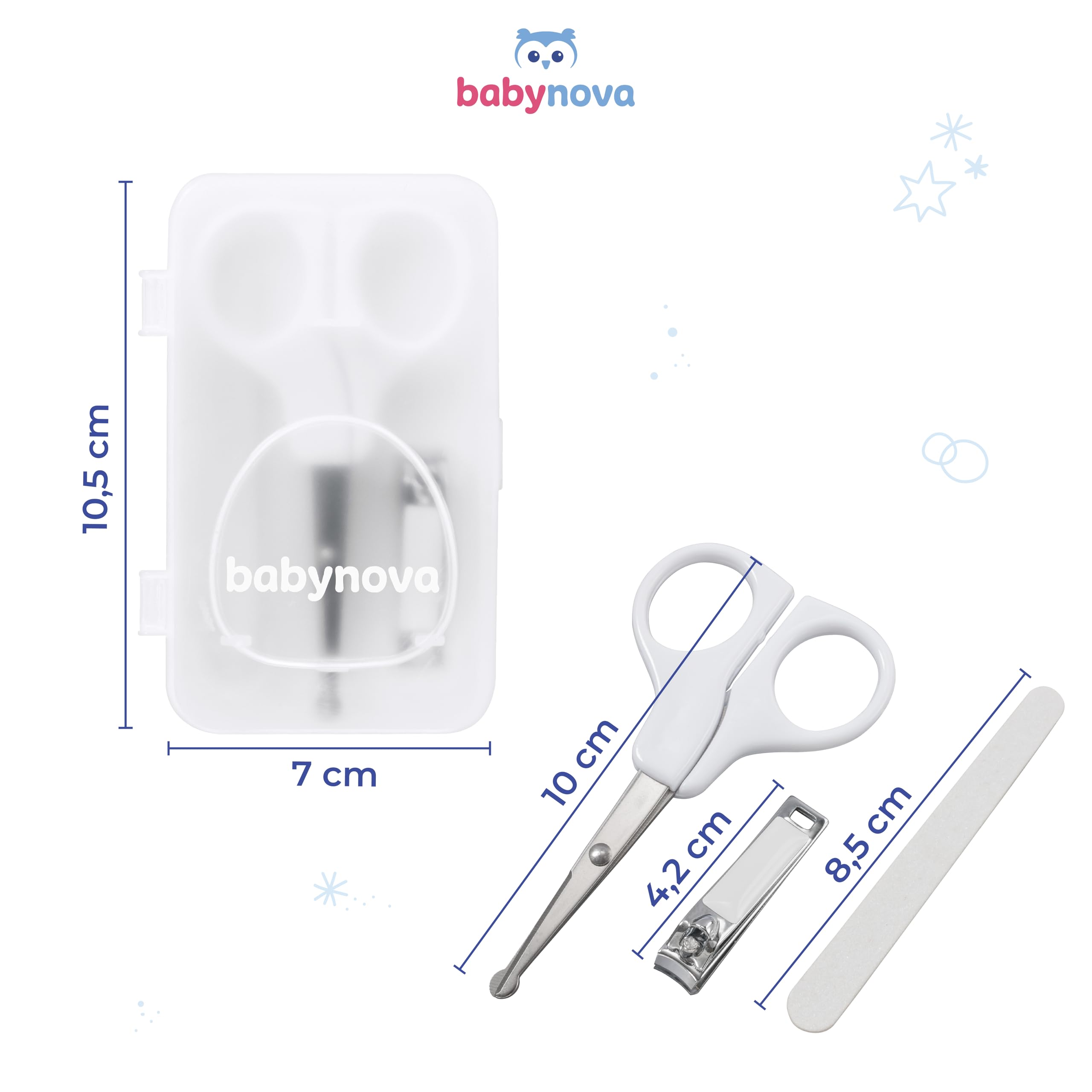 babynova Manicure Set for Babies, Safe Baby Nail Care Kit with Rounded Tip Scissors, Nail Clippers & File - Image 3