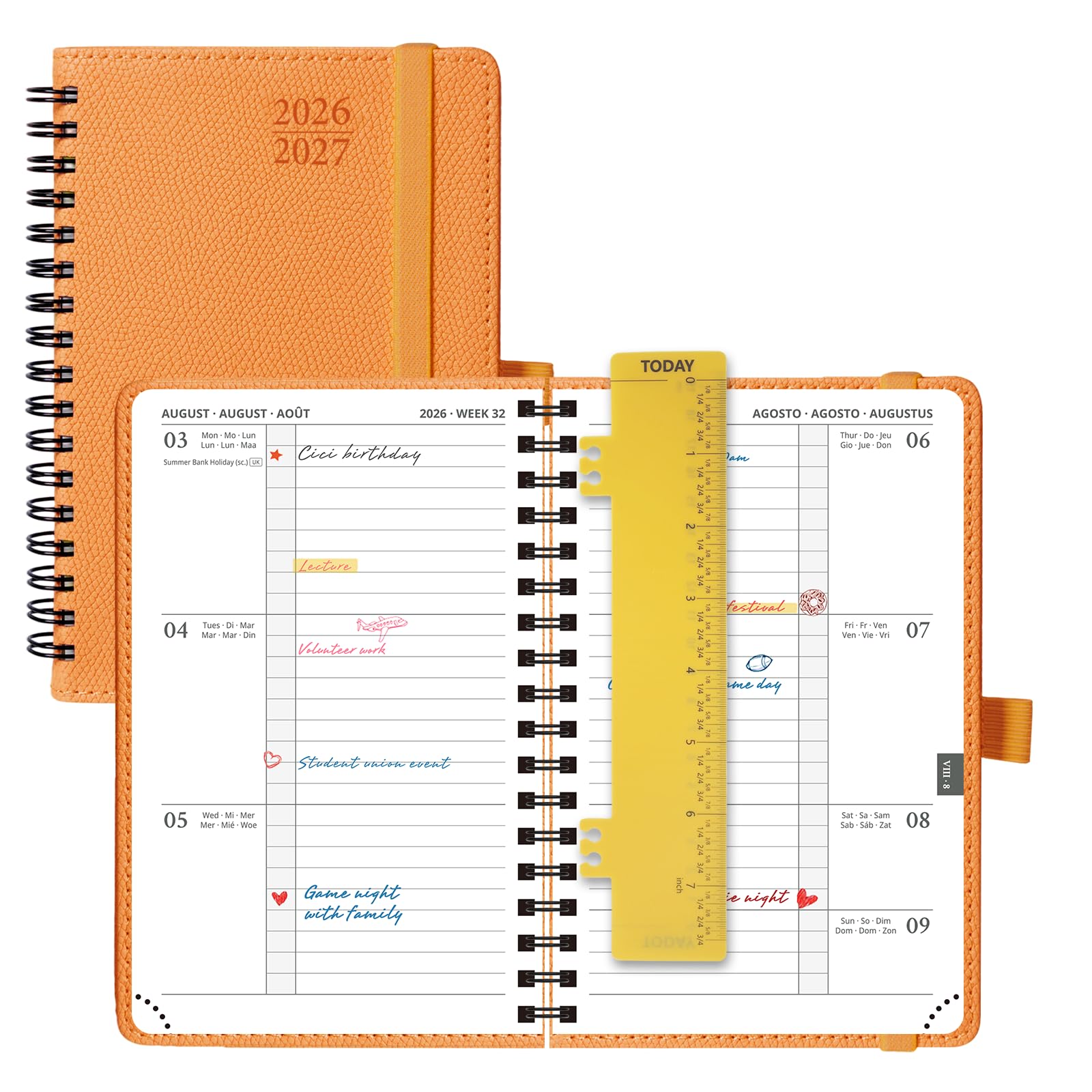 POPRUN 2026-2027 A6 Academic Diary Week to View (16x10.5 cm) Soft Cover Spiral Horizontal Weekly Planner 17 Months (Aug'26 - Dec'27) Mid Year 26/27(Orange) — image 1
