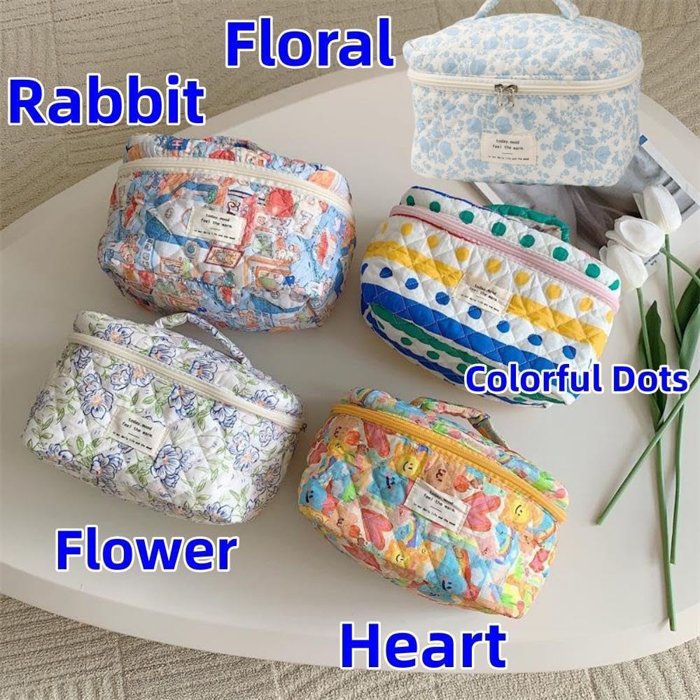 Makeup Bag Travel Essentials Quilted Cosmetic Toiletry Pouch Organizer Insert for Women Dorm Room Essential Gift Large Capacity Opening Lightweight Cute Aesthetic Portable 2PCS (Heart) - Image 5