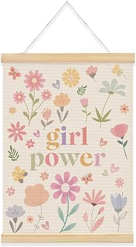 QROZIAR Trendy Girl Power Wall Decor، Cute Floral Feminist Nursery Playroom Wall Art with Wood Poster Hanger، GRL PWR Wall Hanging Banner Decor for Women Teen Girls Room Bedroom Dorm، 12x16 inch