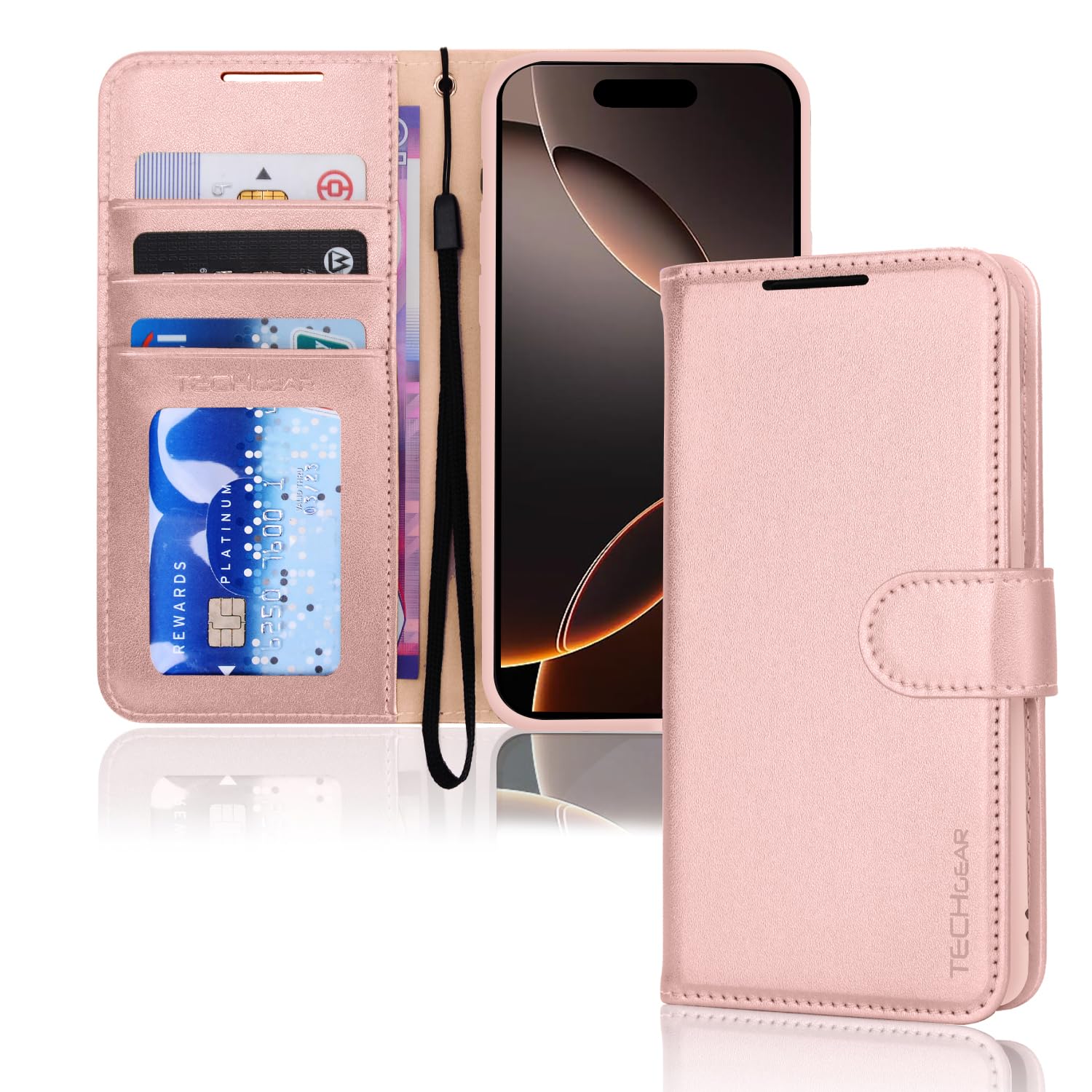 TECHGEAR Custodia Portafoglio Per IPhone 16 Plus, Pelle PU Con Blocco RFID, 3 Slot Carte E Cinturino – Nero