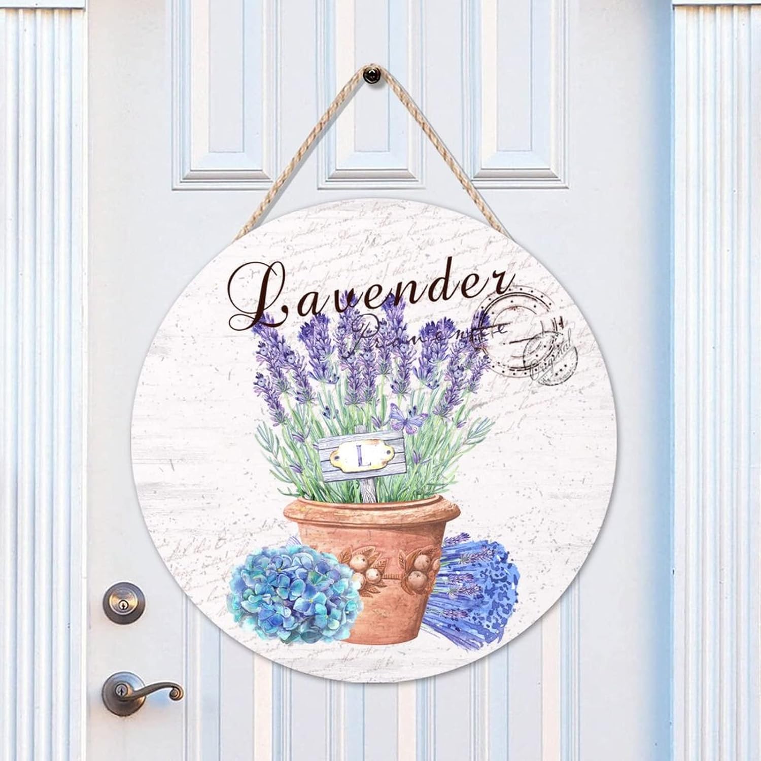 Custom Calligraphy Front Door Sign, Lavender Wood Door Sign, Personalized Pattern 16x16in Wall Door Hanging Sign for Outdoor Front Porch Farmhouse Front Door Decor Housewarming Gifts