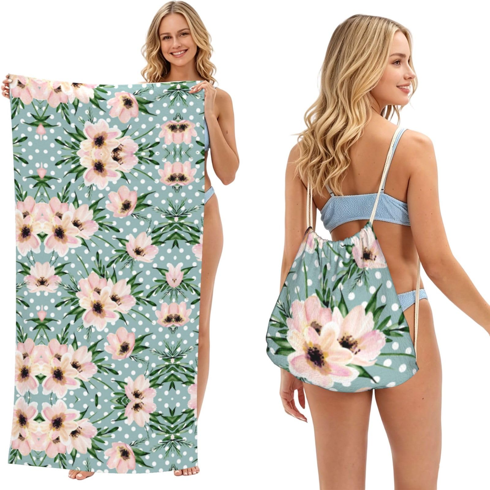 ESNAIUVCD Polka Dots Flowers Print Beach Towel For Adults,Towel With Drawstring Bag, Travel Pool Swimming Sports Shower Sand Free Quick Dry Bath Towel For Pool, Beach, Yoga- 180x60cm