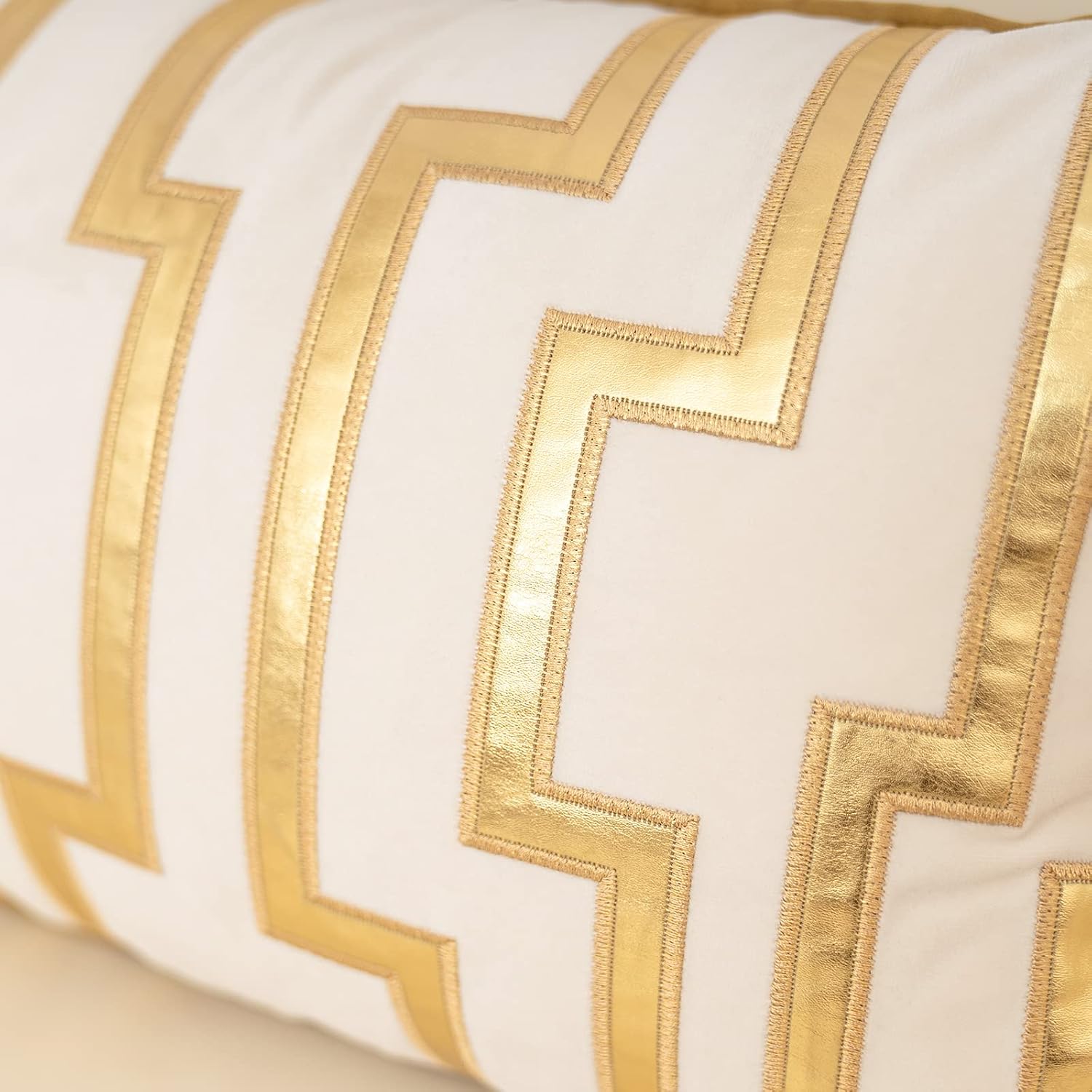 Alerfa Geometric Gold Leather Striped Throw Pillow Cover 12x20 Inch, Luxury Velvet Embroidered Decorative Lumbar Pillow Cover for Couch Living Room Bedroom, White - Image 6