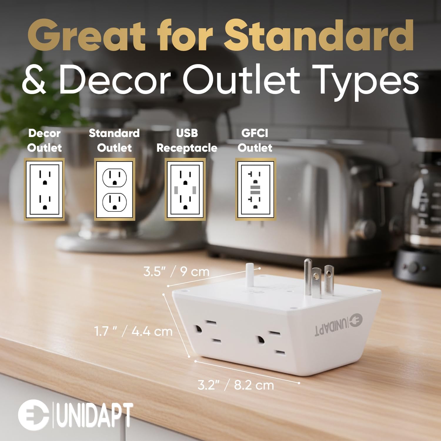 Unidapt 6 Outlet Wall Plug Extender 1-Pack, Surge Protector Power Strip 900J with 3-Sided Wide-Spaced Outlets, Multiple Charger Expander, Mountable Wall Tap for Home, Office & Travel