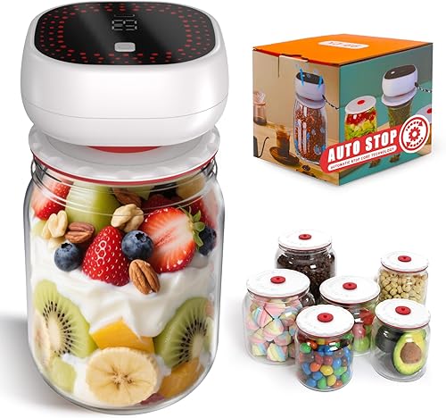 Kit de sellado al vacío eléctrico de tarros Mason Parada automática con pantalla digital, succión ultra fuerte de 60 kPa para frascos de boca