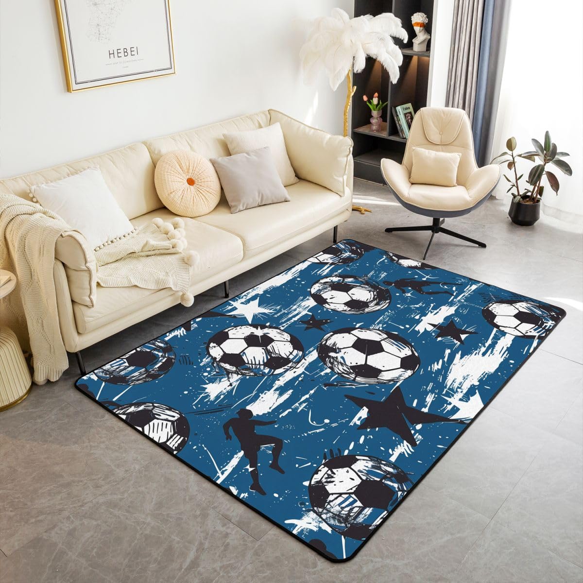 Fußball Drucken Wohnzimmer Teppich 100x150cm Schwarz Weiß Einfaches Fußball Sport Theme Schlafzimmerbereich Teppich für Kinder Teens Geometrische Sterne Weiß Graffiti Blau Indoor Matte Heimdekor