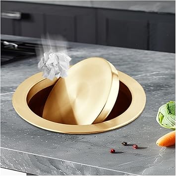 Round Balance Flap Cover Trash Bin Swin, Countertop Embedded Waste Lid, 304 Stainless Steel Kitchen Garbage Can Grommet Recessed Trash Can CoversGold,18-20cm/7-7.9in Opening