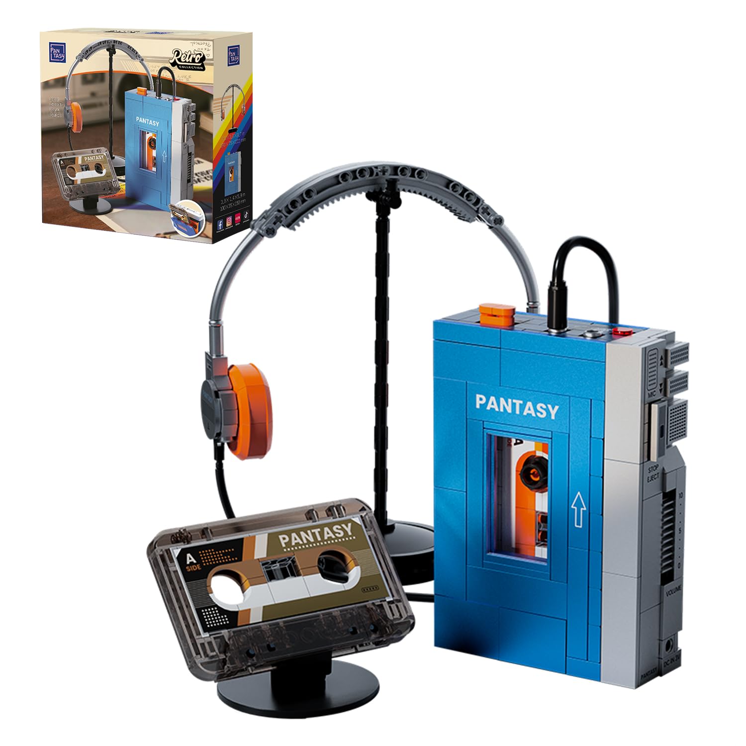PANTASY Retro-Kassettenplayer Baustein-Modell, Tragbarer Tape-Player im 1970er-Stil mit Austauschbaren Kassetten & Kopfhörern, Vintage Musik-Display und Sammlerstück für Erwachsene