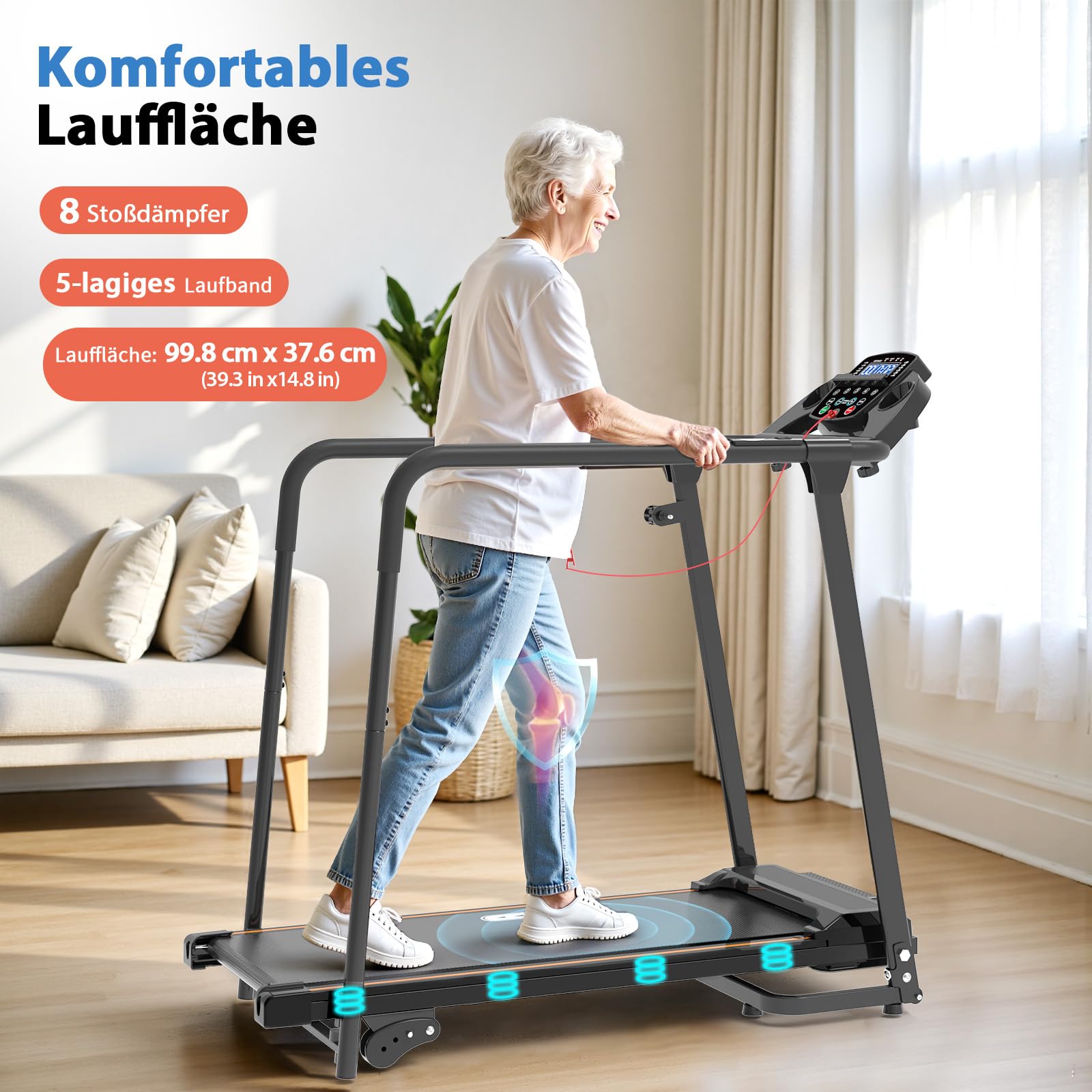 CIIHI Laufband für Zuhause mit Handlauf für Senioren – Laufband Klappbar 150kg Tragkraft, 0-2% Steigung, Auto-Schmierung, Stummschalt- & Schnellwahltasten, für ältere Menschen & Rehabilitation | 150kg Tragkraft, 0-2% Steigung, Auto-Schmierung, Stummschalt