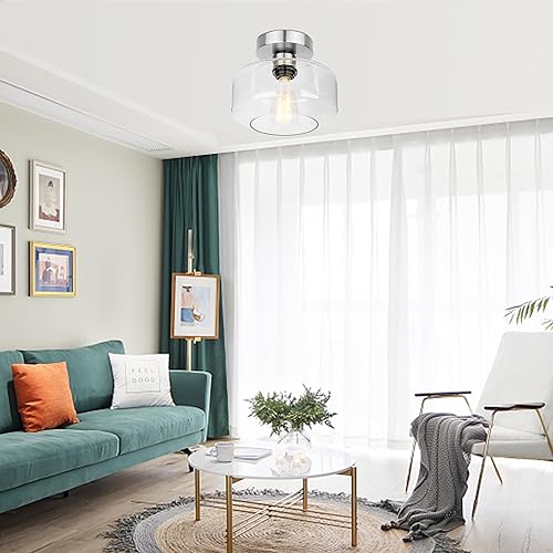 Miniatura 6 de Lámpara de techo industrial semiempotrada de níquel cepillado, bombilla LED de 800 lúmenes incluida, lámpara de techo con pantalla de vidrio