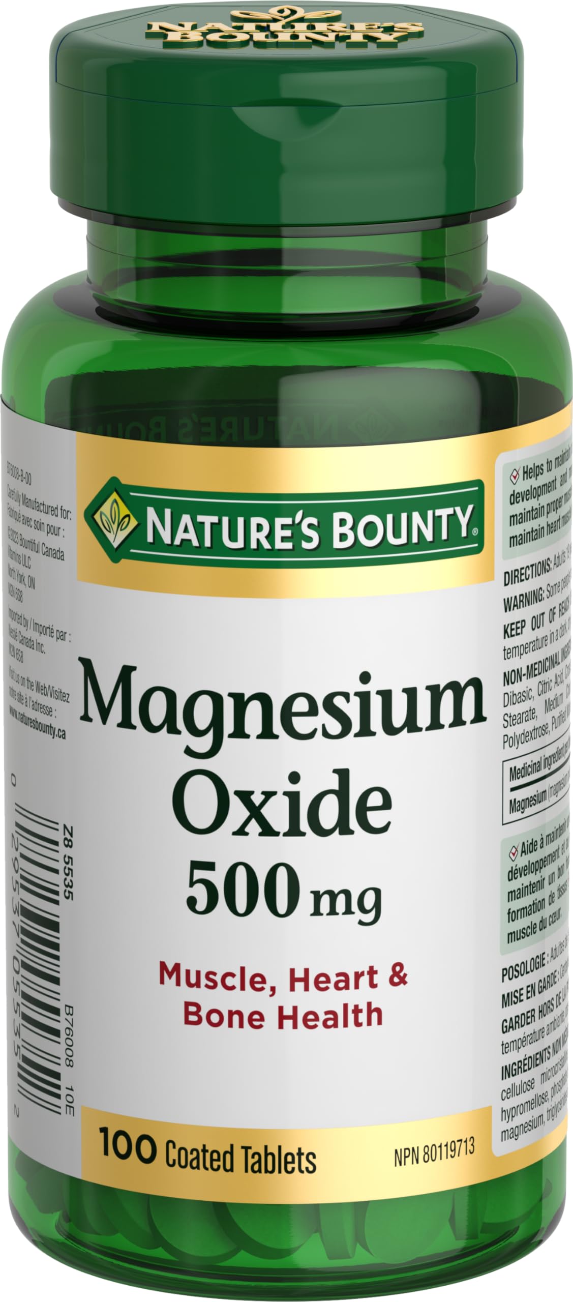 Nature's Bounty Magnesium Oxide 500mg Pills, Helps Maintain Proper Muscle Function, 100 Tablets
