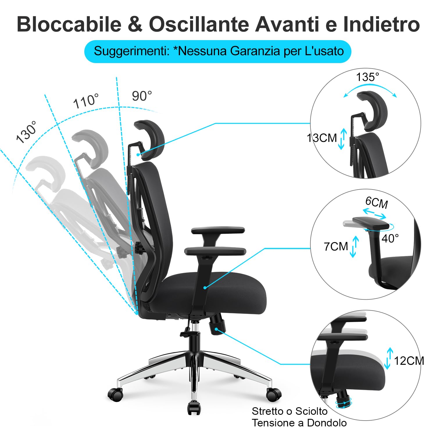 Ticova Sedia da Ufficio Ergonomica, Schienale Alto con Supporto Lombare, Poggiatesta & Braccioli 3D in Regolabili, Oscillazione a 130° da Scrivania Sedia da Computer Sedia a Rete