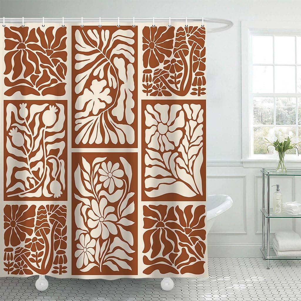 Fall Boho Abstract Colorful Floral Shower Curtain, Vintage Retro Patchwork Apricot Red Flower Botanical Geometric Aesthetic Groovy Bathroom Decor Shower Curtain Set with 12 Hooks 70X85IN