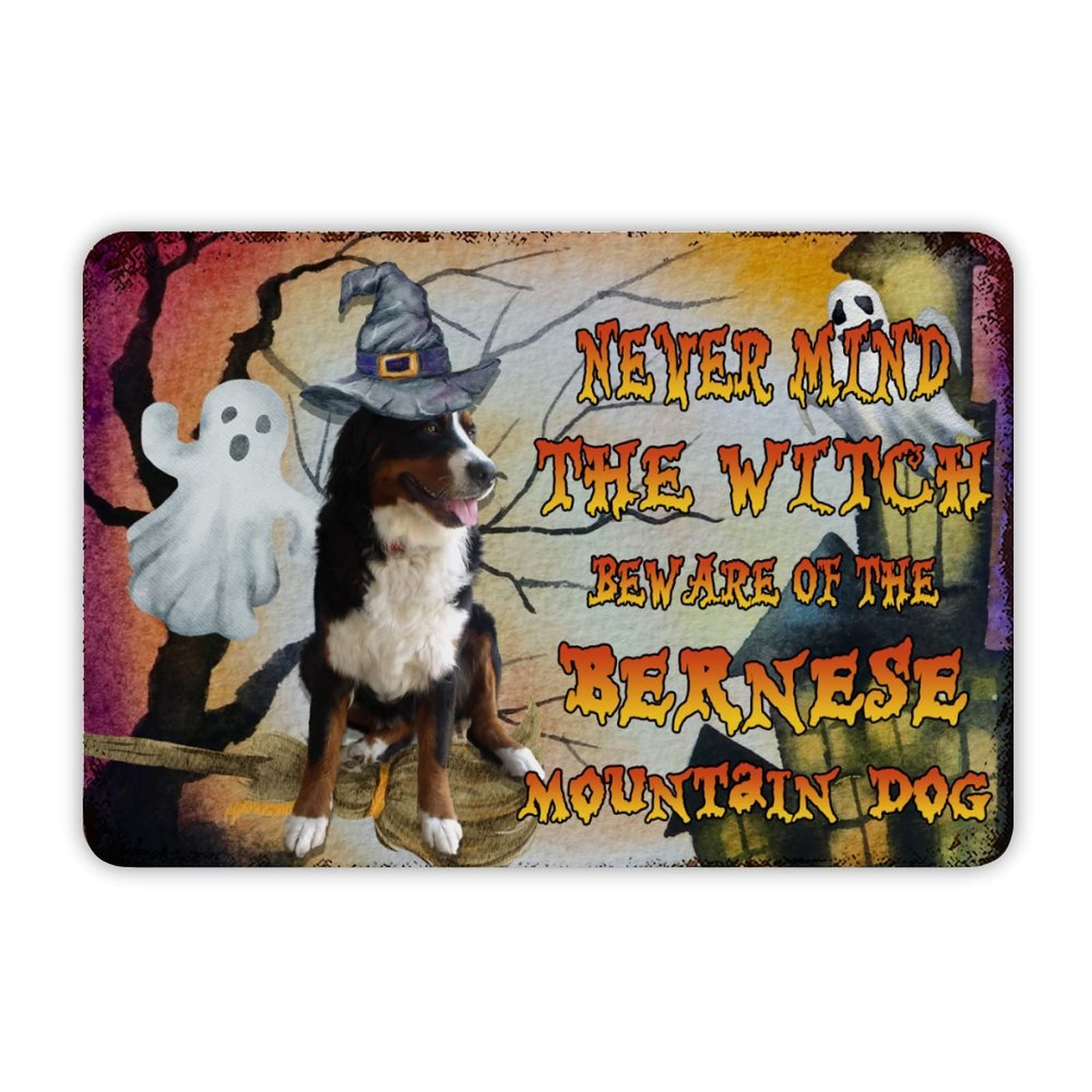 ENEDNATE Happy Halloween Never Mind The Witch Beware of The Dog Aluminum Tin Sign 8x12 Waterproof Vintage Metal Sign for School Office Classroom Gate Garage Garden Home Wall Decor Housewarming Gifts