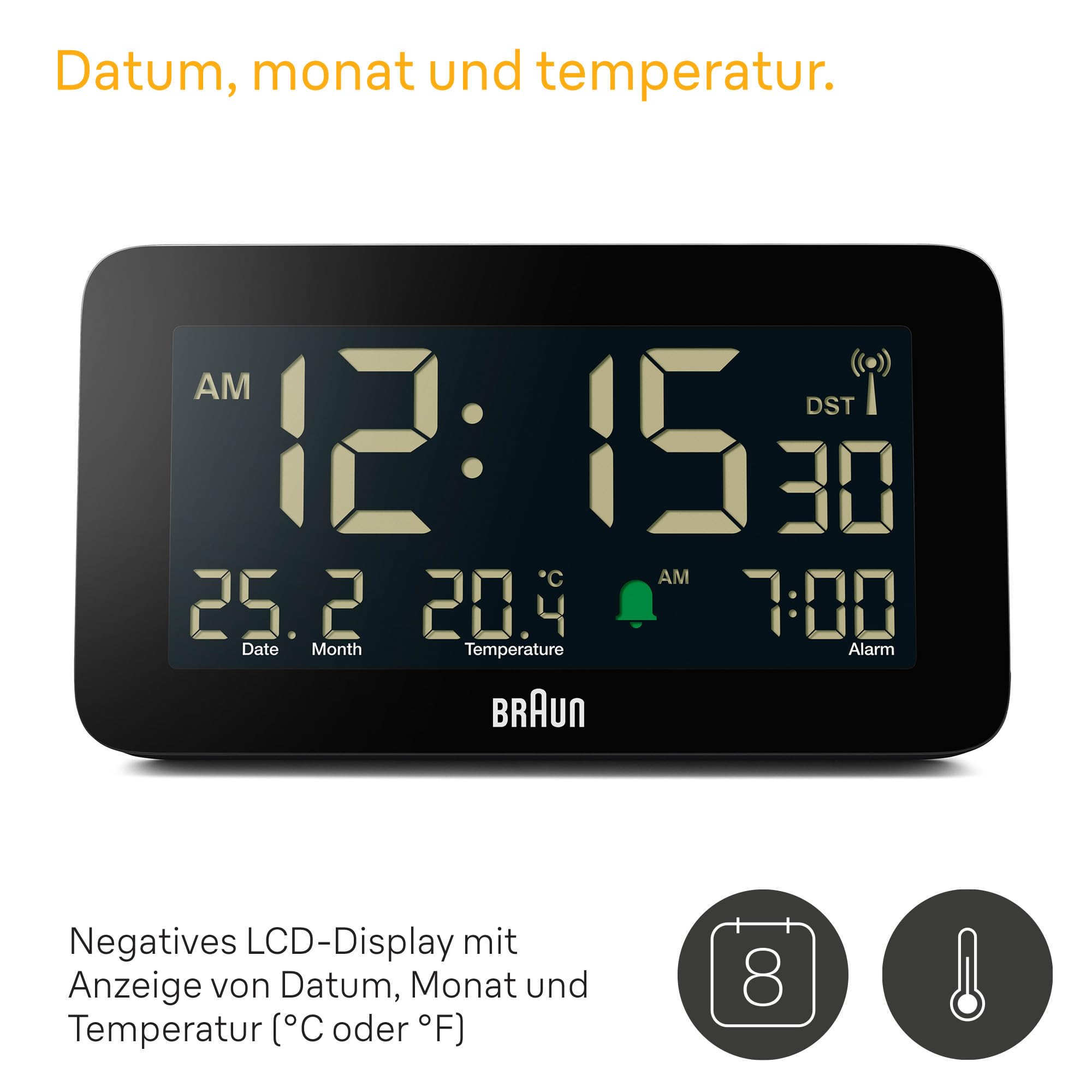 Braun Funk-Digitalwecker für die Mitteleuropäische Zeitzone (DCF) mit Datums-, Monats- und Temperaturanzeige, Negatives LCD-Display, Schnelleinstellung, schwarz, Modell BC10B-DCF