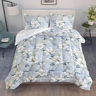 AILONEN Plant Flowers Printed Comforter Set Queen Size, Magnolia with Flower Branches Print Bedding Set for Girls Women Teens Boys Room All Season,Soft Microfiber,3 Pieces,1 Quilt and 2 Pillowcases