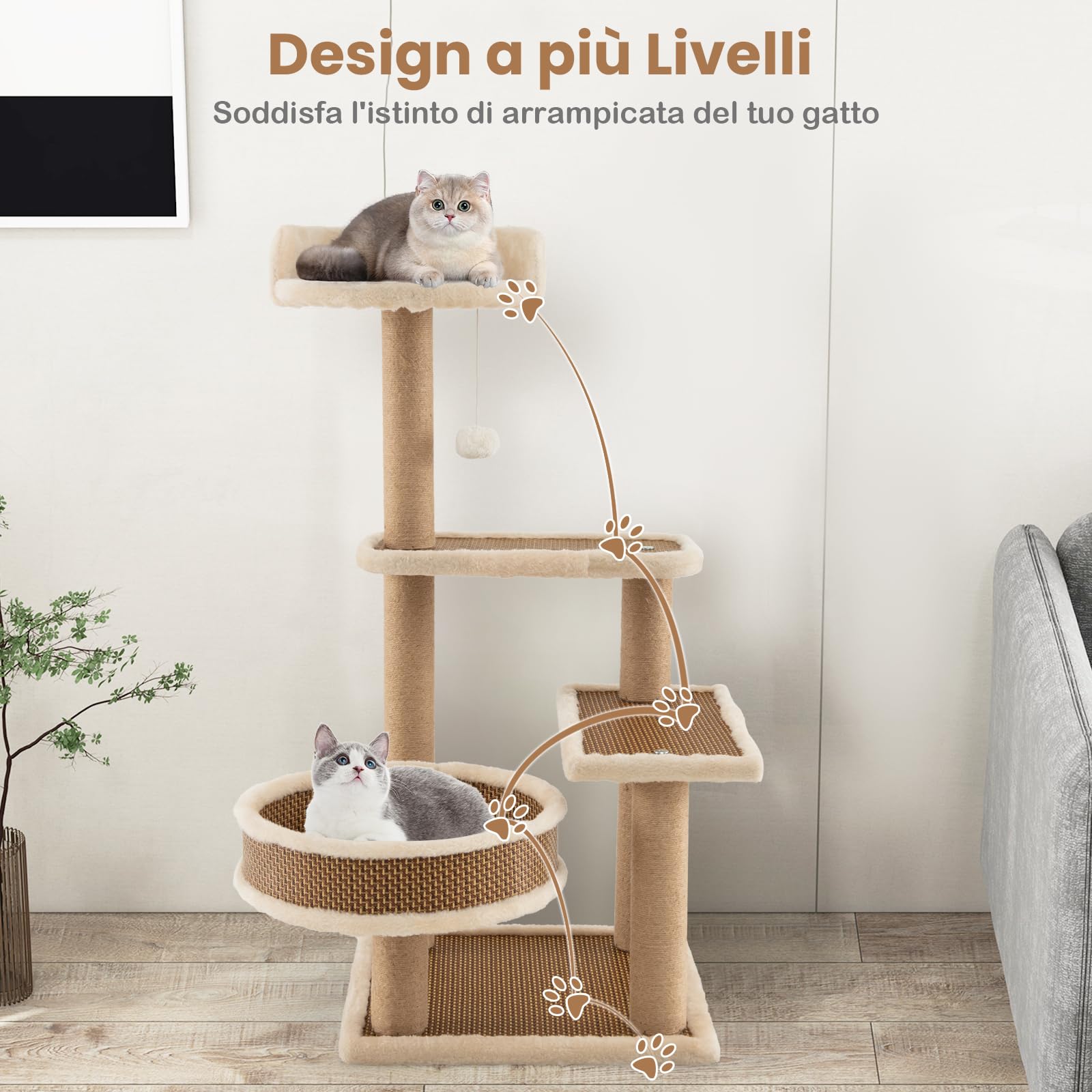 COSTWAY Torre per Gatti Interno, Albero per Gatti a 4 Livelli con Tappetino in Rattan, Palla, Tiragraffi, Piattaforma, Letto e Tappetino Peluche Rimovibile, Centro Attività per Gatto Piccolo e Medio