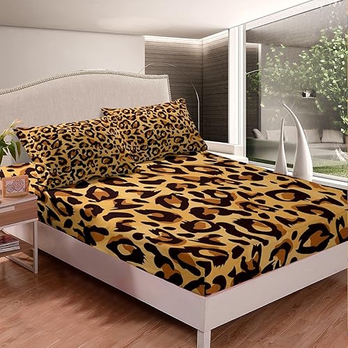Feelyou Juego de sábanas con estampado de leopardo, estampado de leopardo, sábanas de animales salvajes, juego de sábanas 1 sábana bajera ajustable