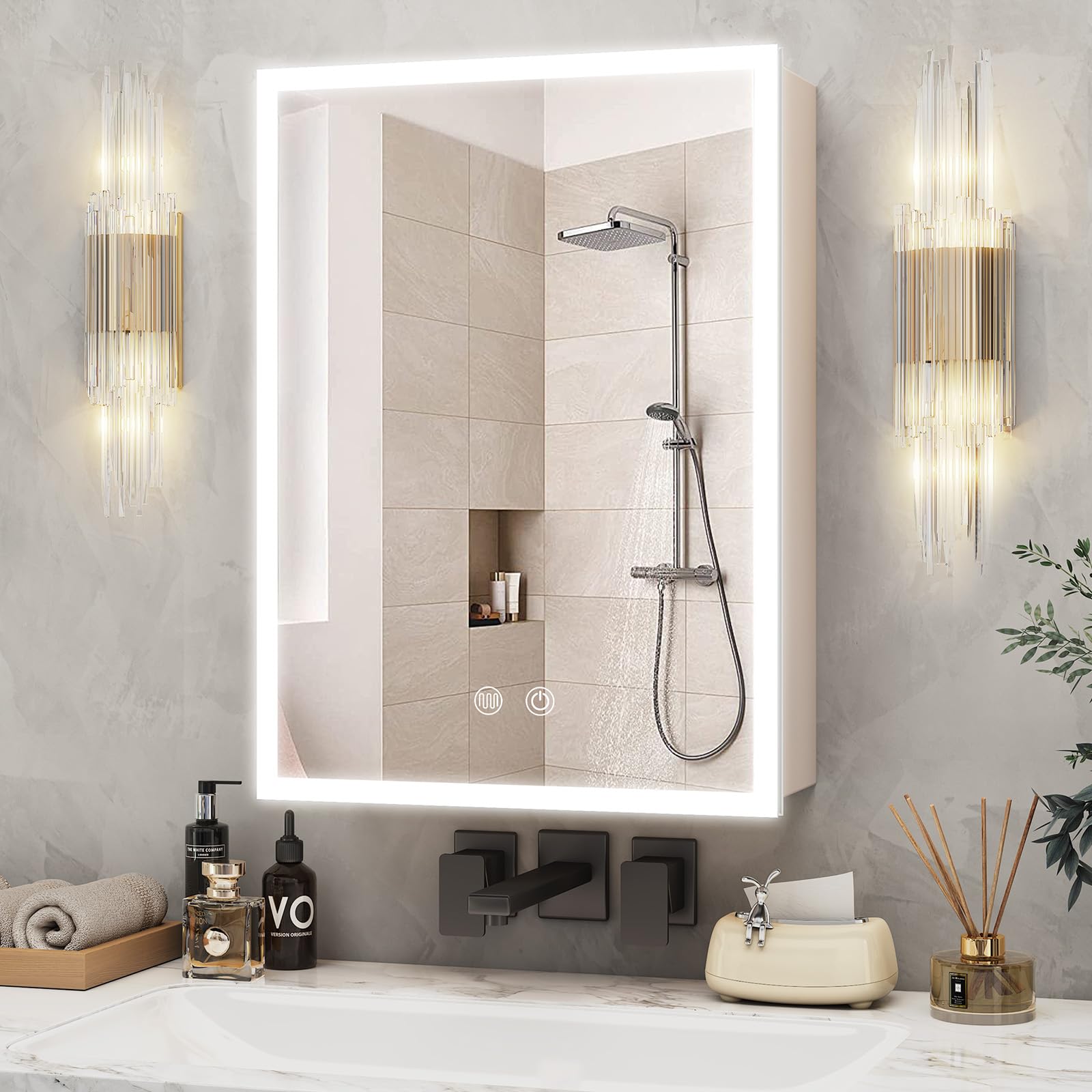 Armario con espejo con iluminación – 56 × 40 cm armario espejo baño con espacio de almacenamiento, armario con espejo de baño con luces LED regulables regulables con función demist, color