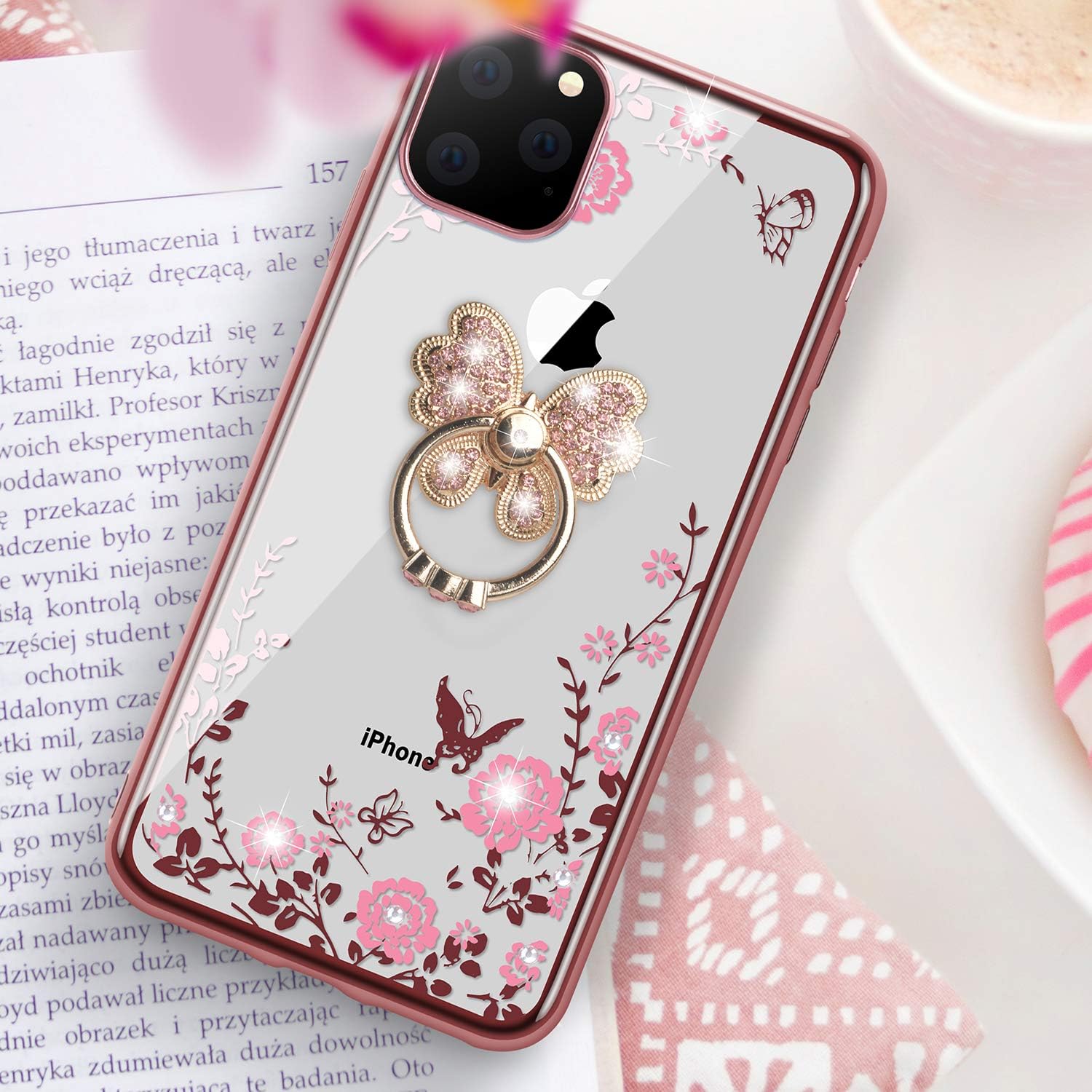 Design for iPhone 11 Pro Max Case, Floral Butterfly Clear Back Soft TPU Case with Bling Ring Grip Holder Stand for Apple iPhone 11 Pro Max,Butterfly Ring/Rose Gold