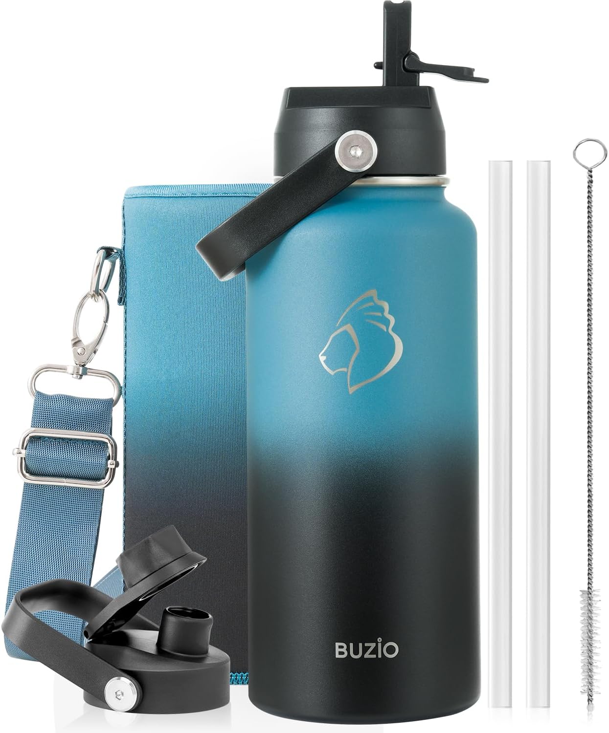 BUZIO Insulated Water Bottle 1L Stainless Steel with Straw & Spout Lid