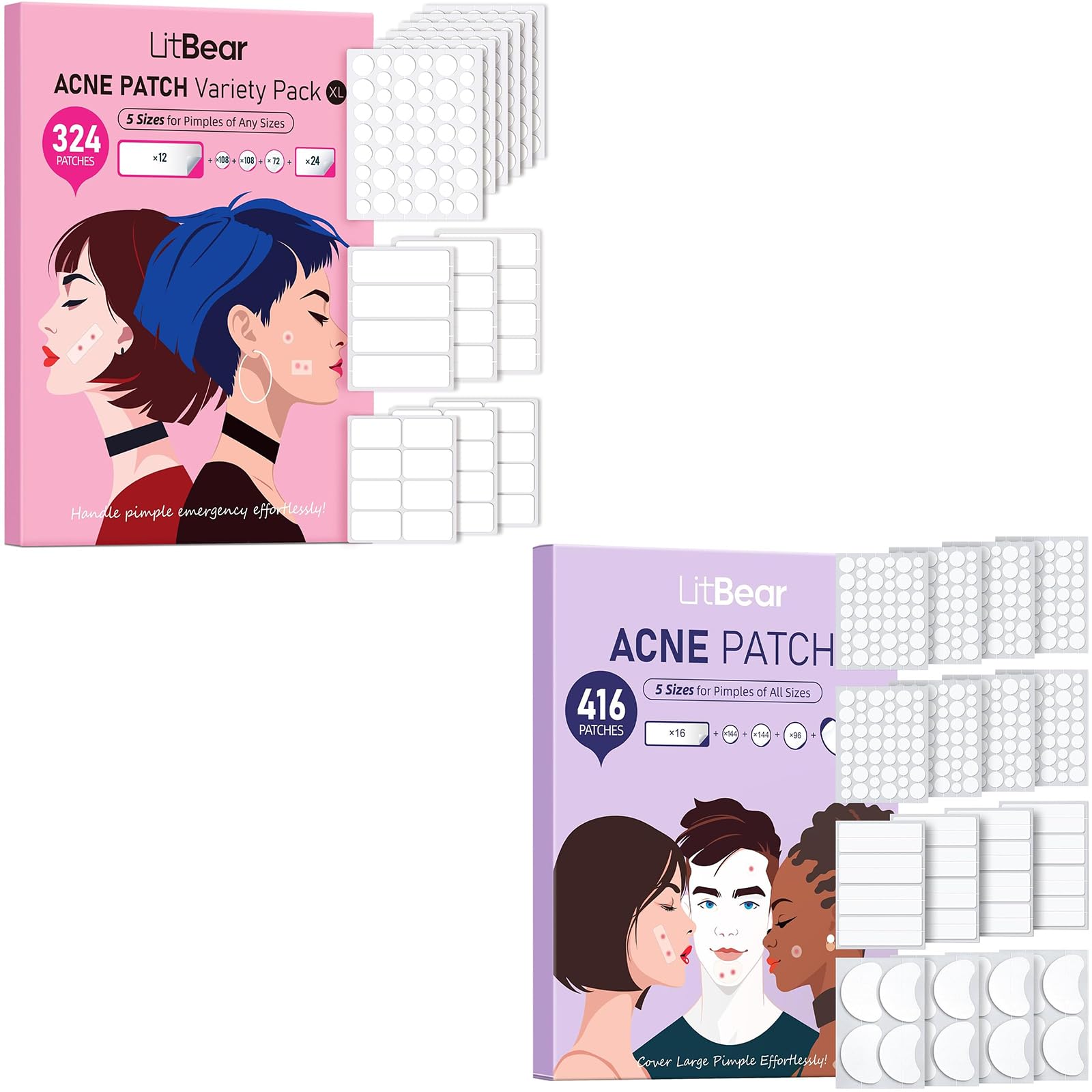 LitBear Large Pimple Patches for Face 6 Sizes 740 Patches Big Acne Patches for Chin Nose Forehead Cheeks