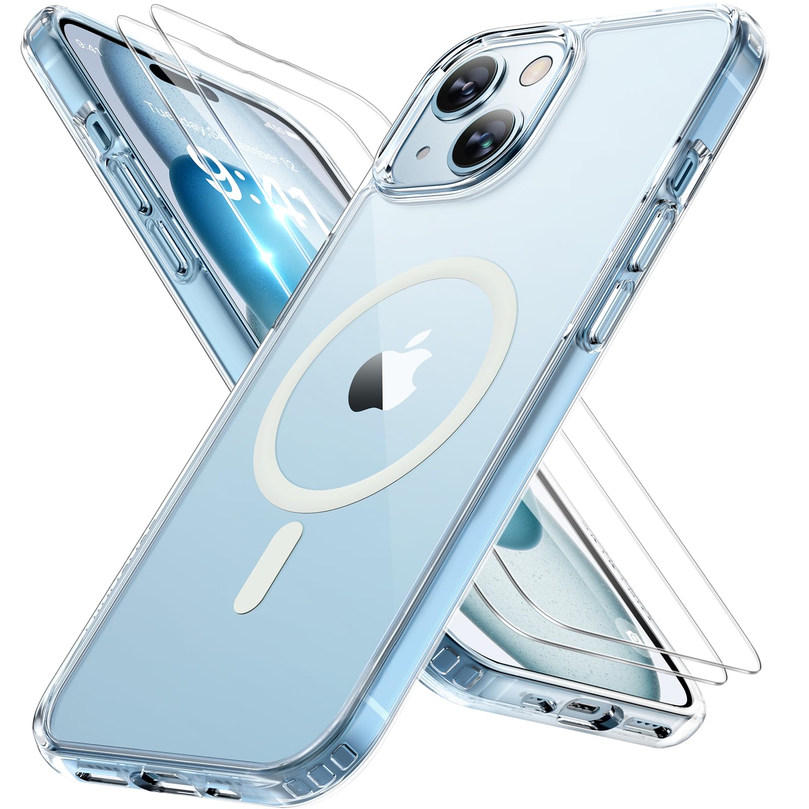Miracase Magnetic for iPhone 15 Plus Case 6.7 inch (Compatible with MagSafe)（with 2X Screen Protectors） Military-Grade Protection, Anti-Fingerprint Translucent Matte Phone Cover, Clear