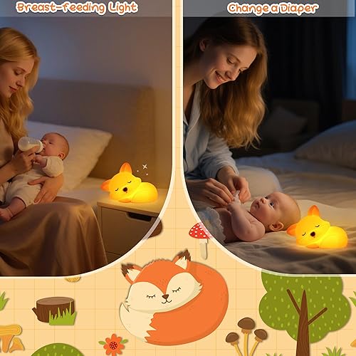 Miniatura 5 de Luz nocturna de zorro, bonita lámpara de silicona con temporizador regulable de 20 minutos, luz nocturna de animales blandos para niños, luz de