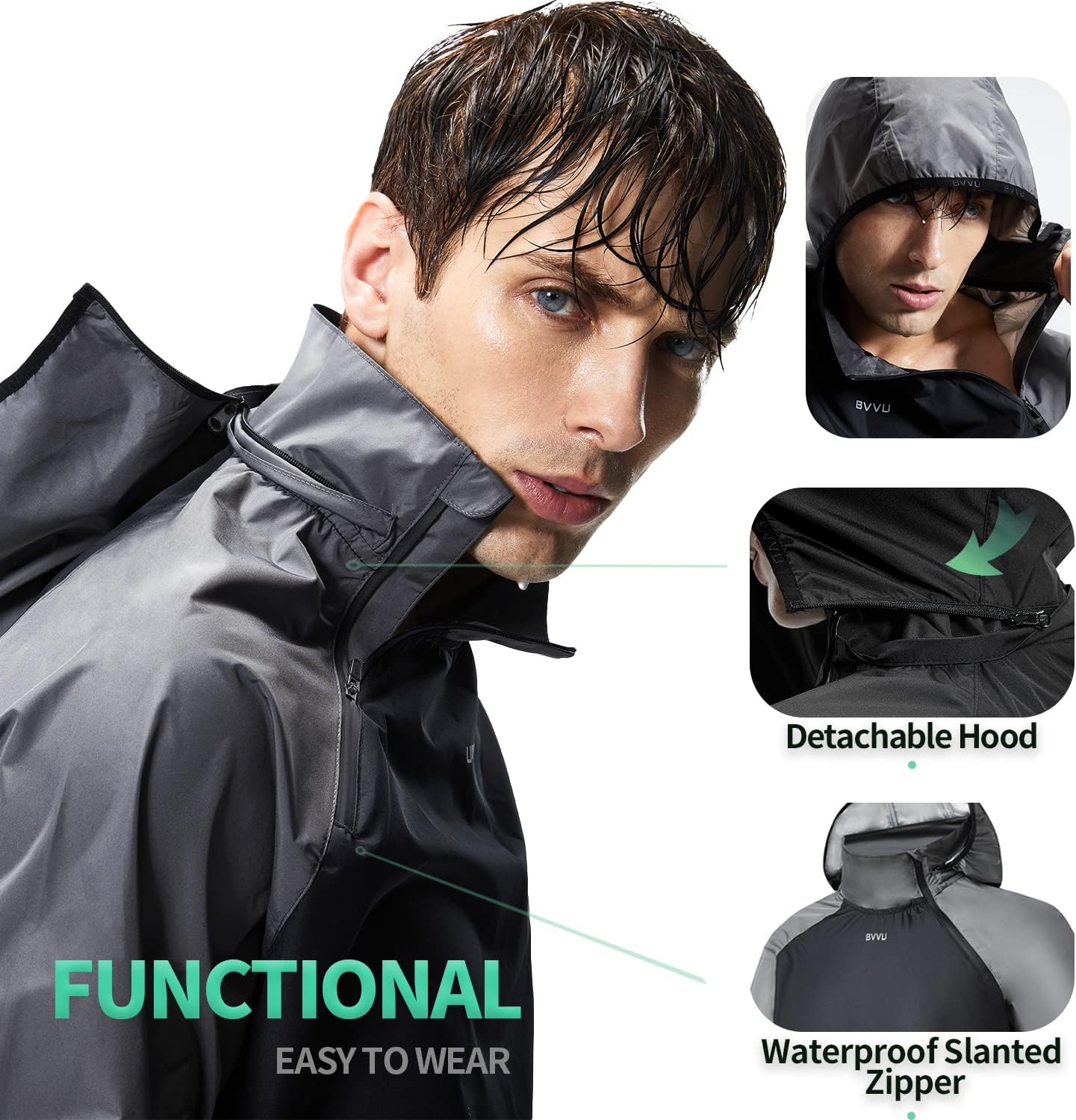 BVVU Sauna Suit for Men Zipper Sweat Sauna Jacket Pant Gym Workout Sweat Suits with Hood Training Bodyshaper